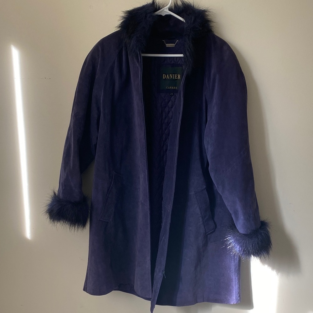 Danier Women's Deep Purple Suede Trench Coat with faux Fur Accents